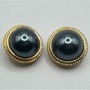 Vintage Carol Lee Faux Black Pearl Clip On Button Earrings Silver Tone Signed